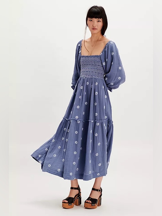 Free People Dresses & Skirts - Free People Dahlia Embroidered Smocked Maxi Dress Blue Floral Sundress Small